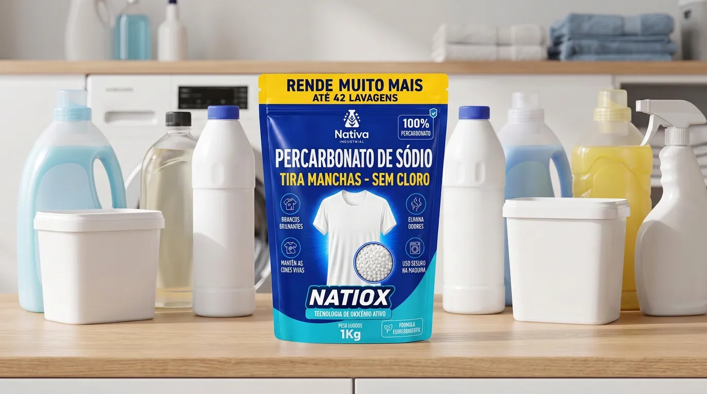 Embalagem de Natiox entre outros produtos de limpeza na lavanderia
